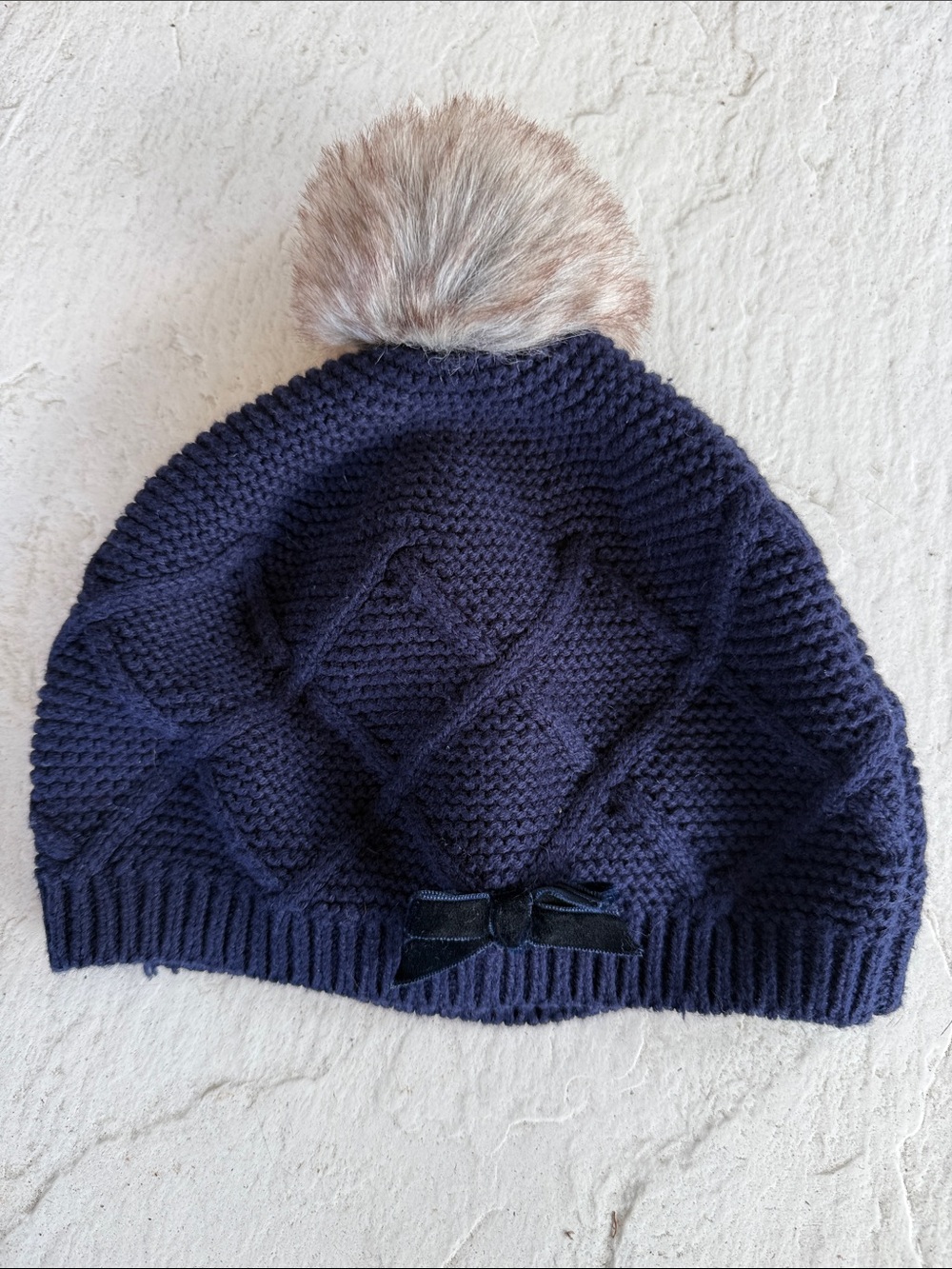 Children's Navy Knit Pom-Pom Hat with Decorative Bow